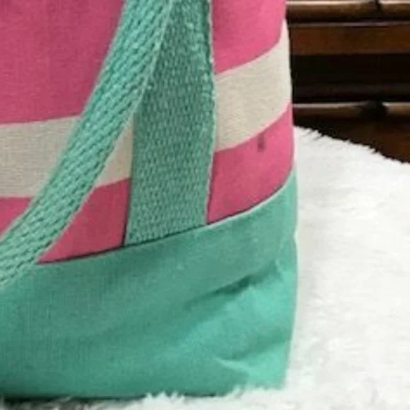 Mud Pie Initial C Cabana Stripe Pink Aqua Periwinkle Canvas Tote - Picture 9 of 10